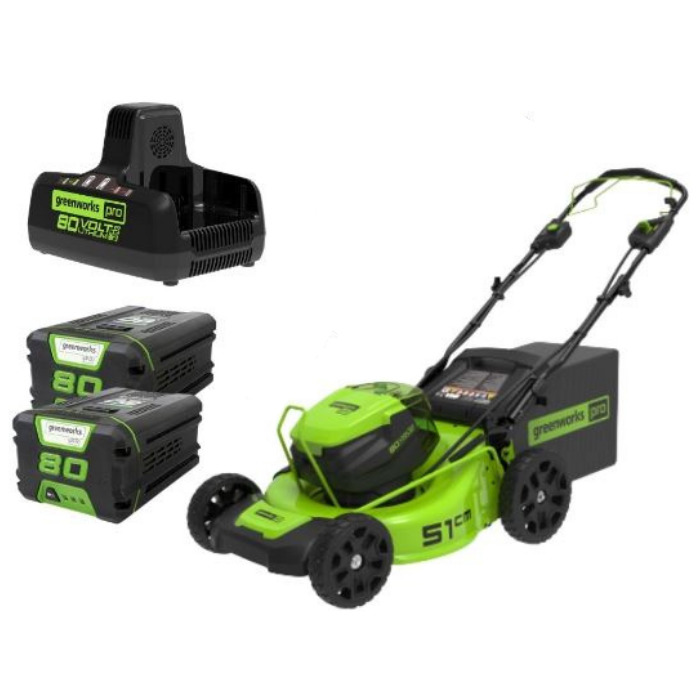 מכסחת "21 נסיעה עצמית 80V PRO עם תא סוללות כפול + 2 סוללות 5.0Ah + מטען מהיר Dual Port greenworks מכסחת "21 נסיעה עצמית 80V PRO עם תא סוללות כפול + 2 סוללות 5.0Ah + מטען מהיר Dual Port greenworks
