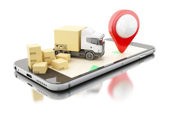 3d Smartphone With Cardboard Boxes. Delivery Shipping Concept.