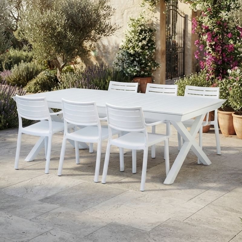 שולחן גינה נפתח ברצלונה מאלומיניום Barcelona Extendable Dining Table צבע לבן White שולחן גינה נפתח ברצלונה מאלומיניום Barcelona Extendable Dining Table צבע לבן White
