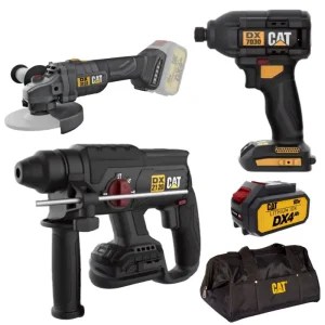 סט 18V פטישון + אימפקט + משחזת 4.5" + זוג סוללות 4AH + תיק CAT יבואן רשמי !